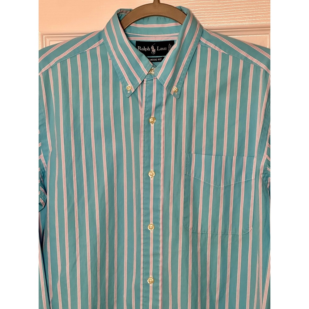 Ralph Lauren Classic Fit Mens Medium Blue Purple Stripe Button Down Shirt Cotton - Picture 4 of 11